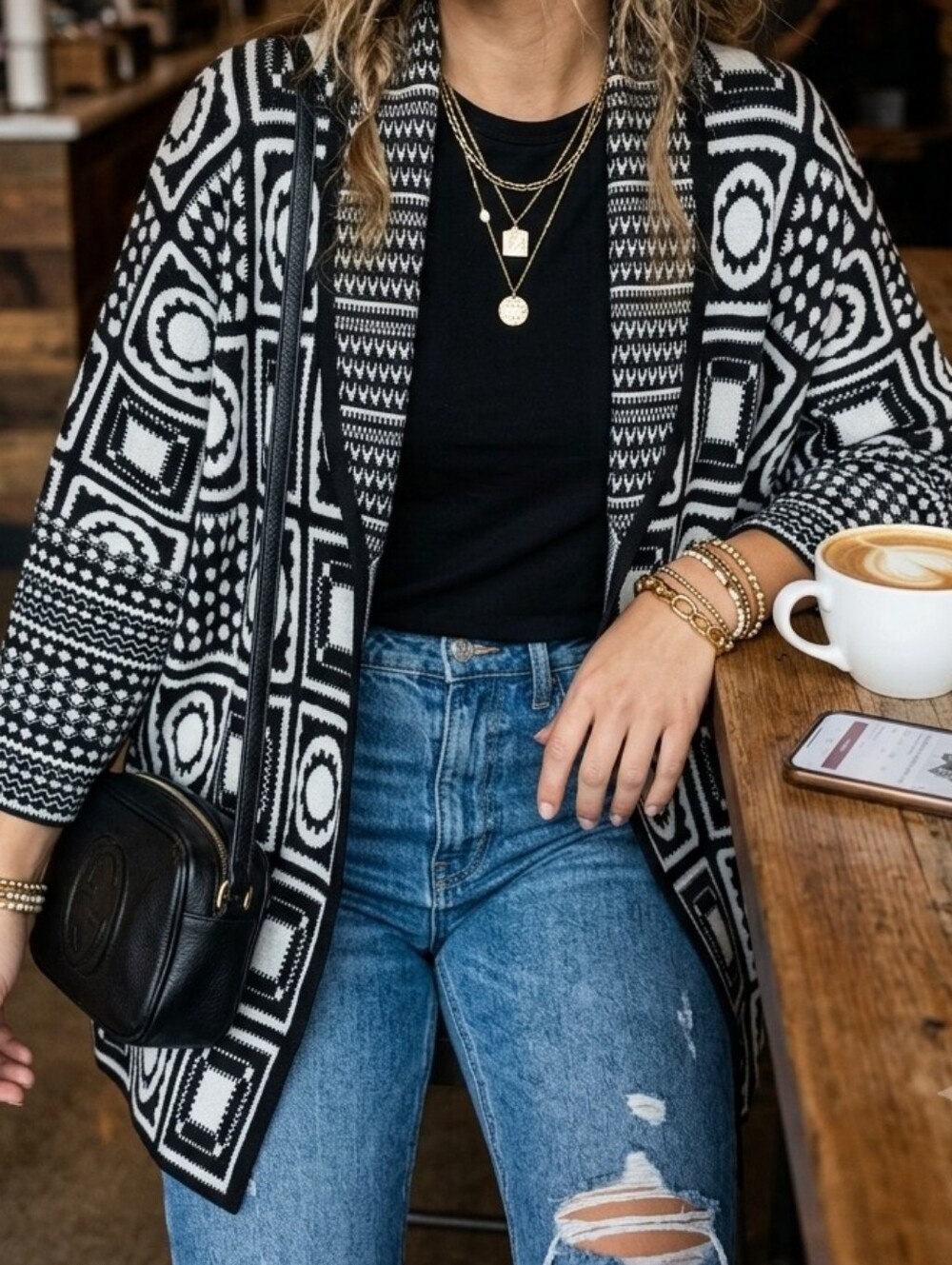 Sioni Geometric Pattern Open Front Cardigan Kimono Knit Sweater Small Black Whit